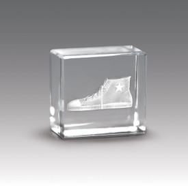 crystal cube with tennis shoe etched inside