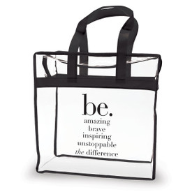 clear plastic bag with black trim and handle with be collection message