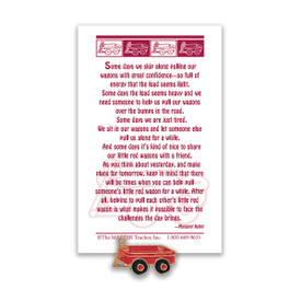 red wagon lapel pin with message card