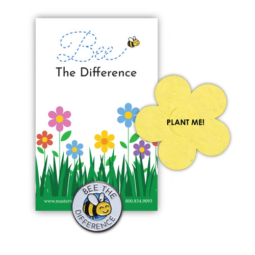 Bee the Difference lapel pin with presentation card and flower shape seed paper