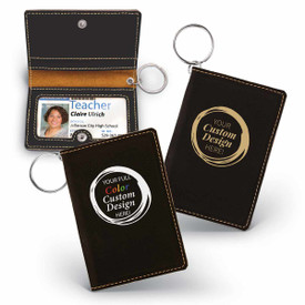 These custom keychain ID holders in black are made of a durable leatherette material and is the perfect functional gift for teachers.