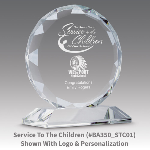 faceted circle optic crystal base award with service to the children message