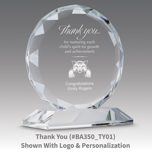 faceted circle optic crystal base award with thank you message