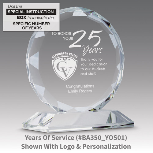 faceted circle optic crystal base award with years of service message