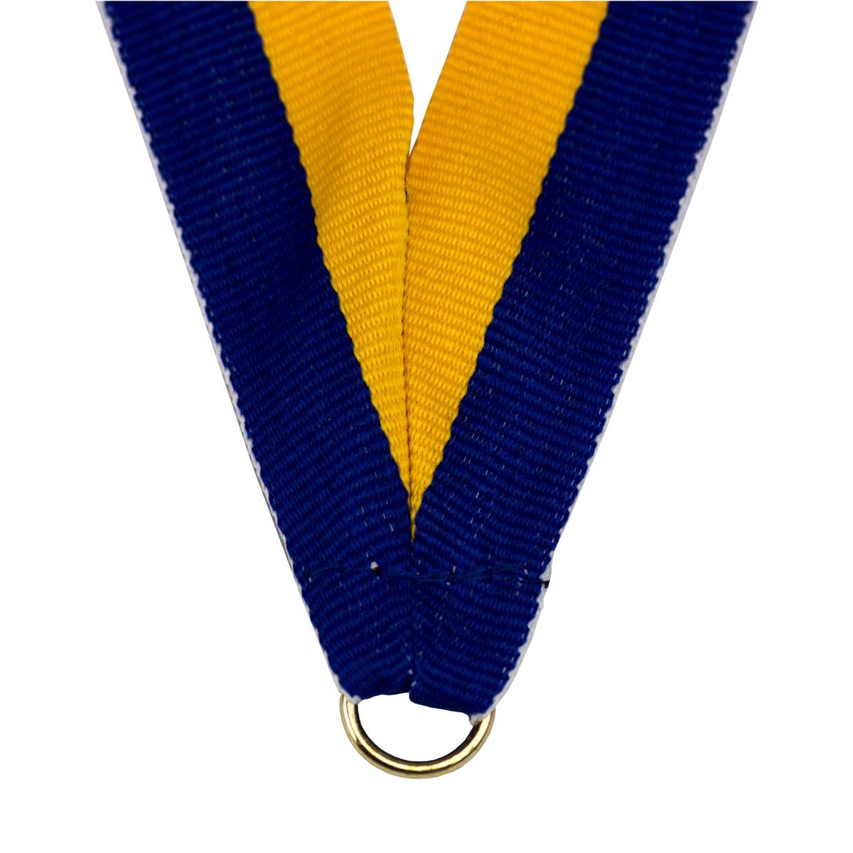 durable neck ribbon in blue and gold with brass jump ring