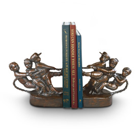 antiqued bronze bookends of kids pulling on a rope